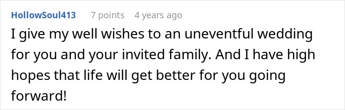 A well-wishing comment hoping for an uneventful wedding and a better life after the brother's proposal.