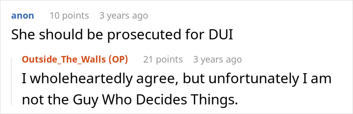 An online comment suggesting prosecution for DUI for the aunt demanding housing unannounced.