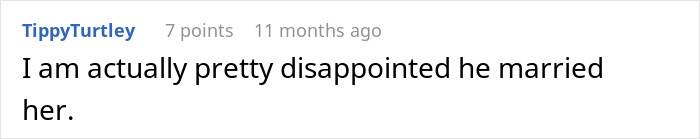A comment expressing disappointment that the groom married the bride with twisted values.
