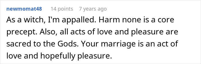 A comment about a witch being appalled, discussing love, pleasure, and marriage in the context of a MIL witching.