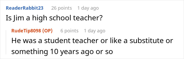 A screenshot asking if Jim is a high school teacher, related to the GF he hasn't spoken to for 10 years.