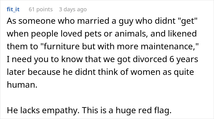 A Reddit comment from a user sharing their divorce experience, warning a bride-to-be about her fiancé's cat ultimatum. A Reddit comment from a user sharing their divorce experience, warning a bride-to-be about her fiancé's cat ultimatum.