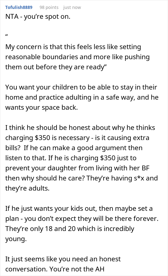 A screenshot of a Reddit comment, suggesting an honest conversation about the husband's plan to charge rent for the daughter's boyfriend. A screenshot of a Reddit comment, suggesting an honest conversation about the husband's plan to charge rent for the daughter's boyfriend.