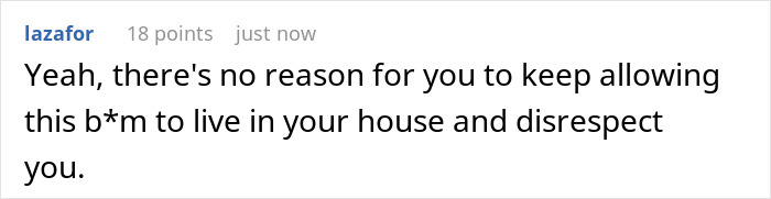 A comment advises to not let the moocher live in the house and disrespect. The comment is on a white background.