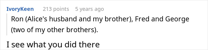 Wedding guests discuss how MIL sabotaged the wedding and the OP changed names of brothers to Ron, Fred and George. Wedding guests discuss how MIL sabotaged the wedding and the OP changed names of brothers to Ron, Fred and George.