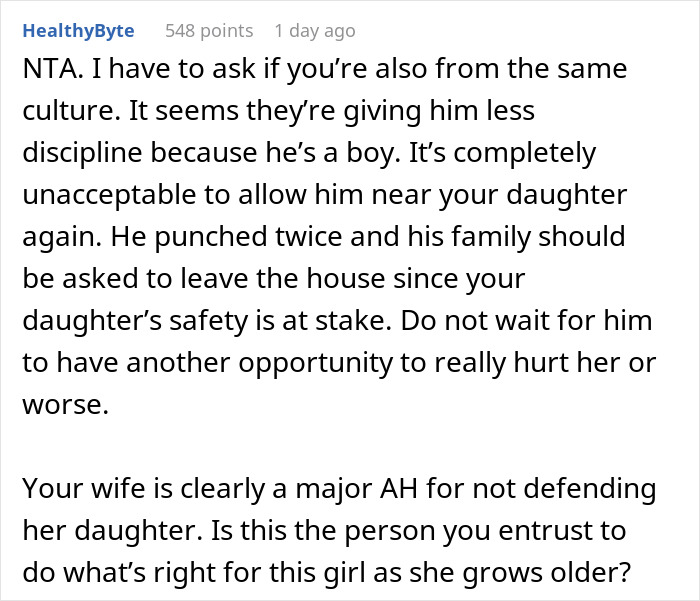 Man punishes nephew for punching his baby daughter. A long comment advises to protect the daughter and remove the nephew and his family.