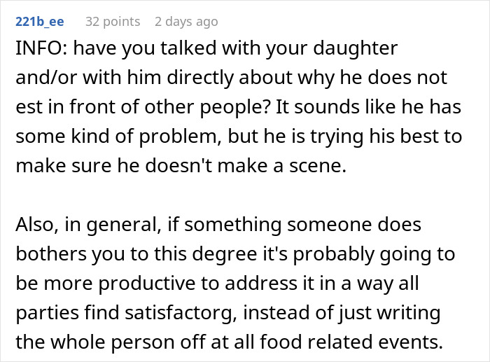 A Reddit comment about a boyfriend's costly dinner table habit, recommending communication about his behavior and its impact on others. A Reddit comment about a boyfriend's costly dinner table habit, recommending communication about his behavior and its impact on others.