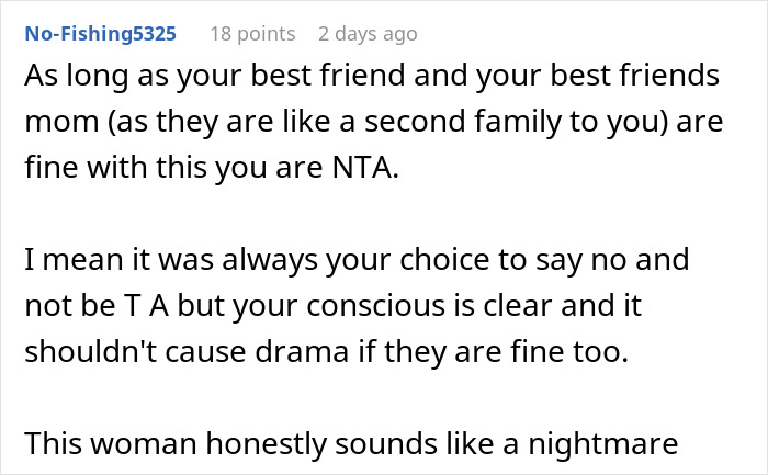 A Reddit comment from No-Fishing5325, stating NTA for refusing the bridesmaid role if loved ones are fine with it. A Reddit comment from No-Fishing5325, stating NTA for refusing the bridesmaid role if loved ones are fine with it.