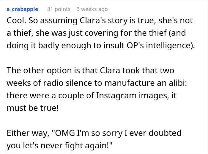A comment analyzing the best friend's potential lies about the fake sentimental designer bag and her alibi. A comment analyzing the best friend's potential lies about the fake sentimental designer bag and her alibi.