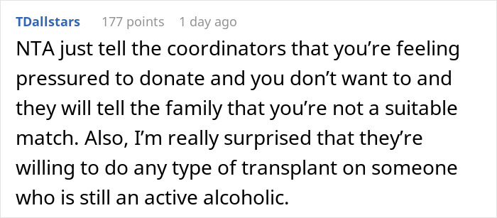 A Reddit comment about a man donating a kidney to BIL, expressing concern about the recipient being an active alcoholic. A Reddit comment about a man donating a kidney to BIL, expressing concern about the recipient being an active alcoholic.