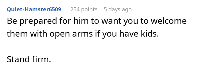 A comment warns a frustrated bride about her in-laws wanting to be welcomed if she has kids and advises her to stand firm. A comment warns a frustrated bride about her in-laws wanting to be welcomed if she has kids and advises her to stand firm.