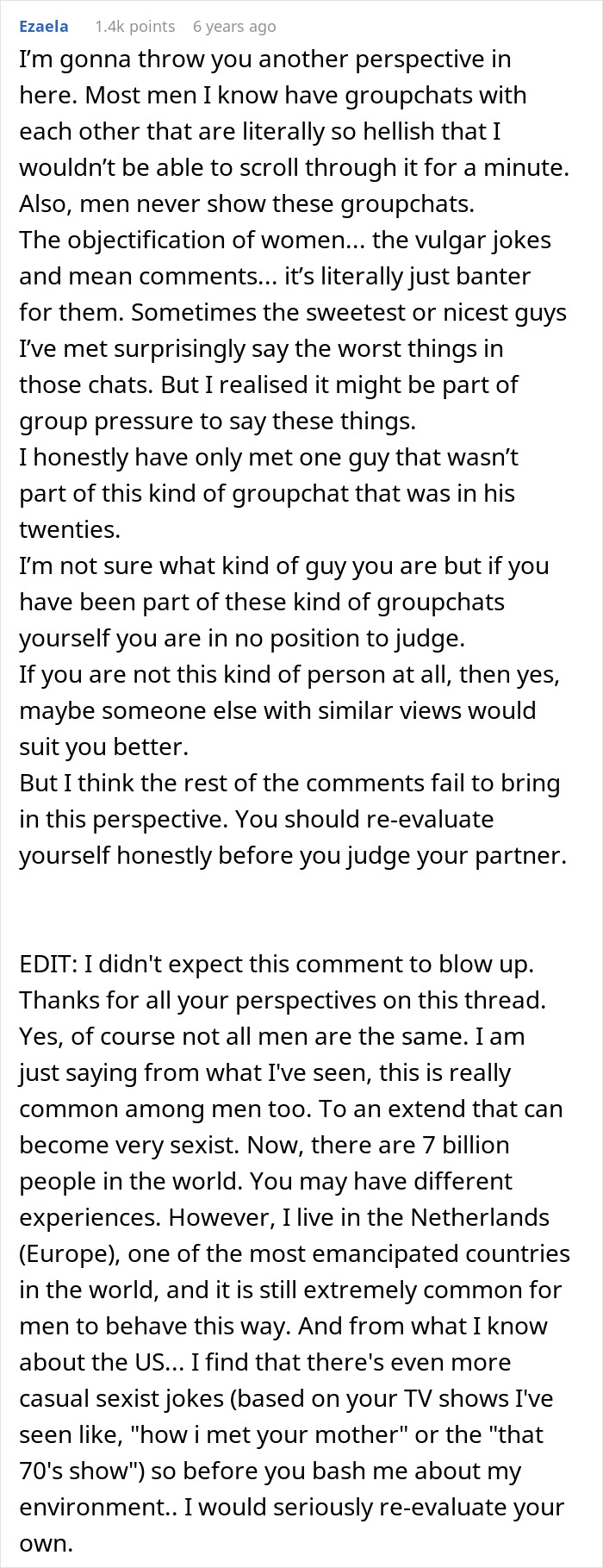 Guy thinks he has finally met the one; an accidental peek at her phone changes everything, revealing group chat behavior.