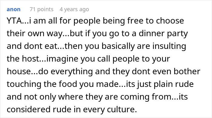 A social media comment stating a woman refusing to eat at MIL's home is rude and insults the host's cooking.