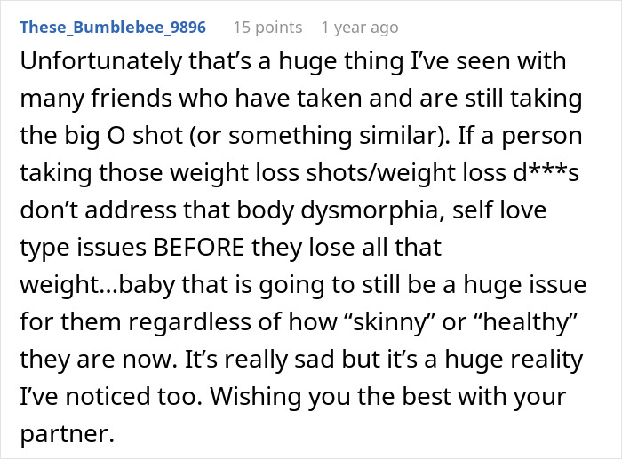 A social media comment about weight loss shots and the importance of addressing body dysmorphia and self-love issues.