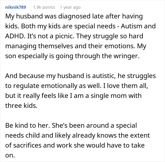 A Reddit comment from a wife whose husband has an autism diagnosis, sharing her experience of having kids and the impact on family life. A Reddit comment from a wife whose husband has an autism diagnosis, sharing her experience of having kids and the impact on family life.