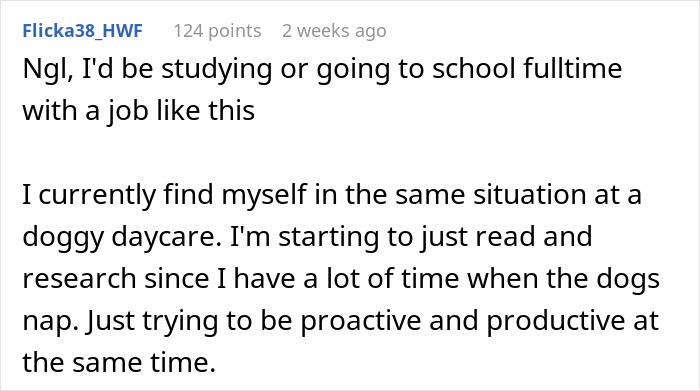 A comment discusses studying or going to school fulltime with an easy job, reading at a doggy daycare during naps. A comment discusses studying or going to school fulltime with an easy job, reading at a doggy daycare during naps.