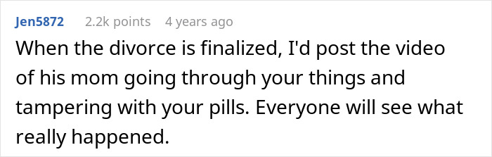 A woman creates a plan to make DIL have kids; white background text suggesting to post a video of the MIL tampering with pills.