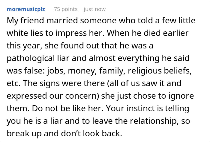 A screenshot of a comment about a friend who married a pathological liar and suggests leaving a relationship with a guy who pretends to be younger. A screenshot of a comment about a friend who married a pathological liar and suggests leaving a relationship with a guy who pretends to be younger.