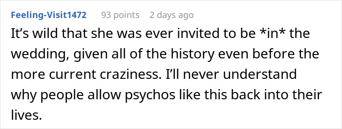 A comment questioning why people tolerate a woman's scary fixation over a groom and her unsettling behavior.