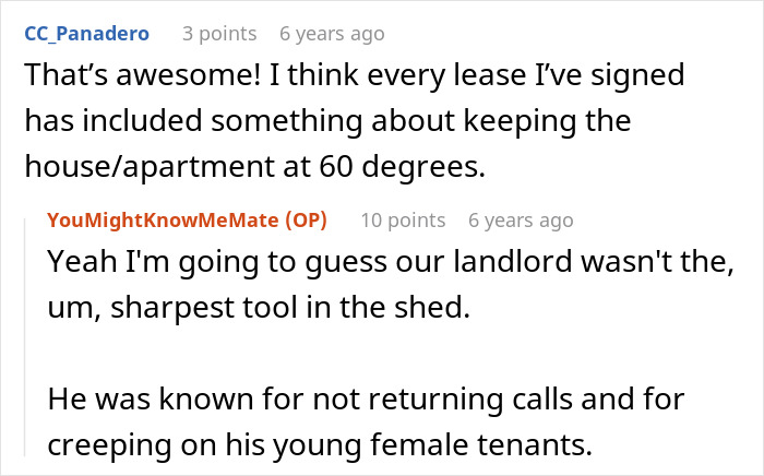 A screenshot of a comment mentioning a landlord and an unusual way to deal with a nightmare neighbor.