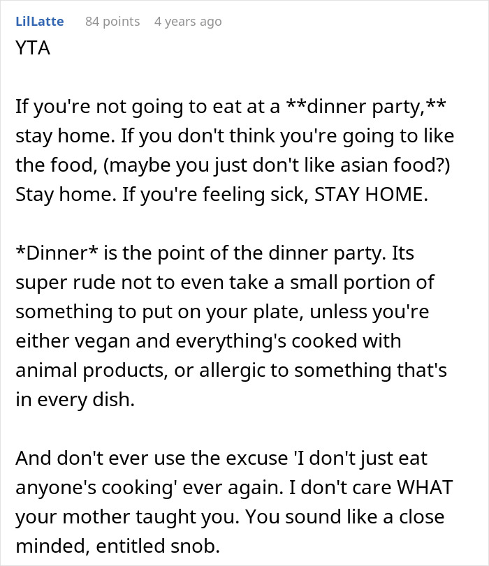 A social media comment discussing a woman refusing to eat at MIL's home, suggesting she stay home if she won't eat cooking.