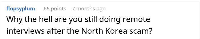 A software engineer comments about remote interviews and hiring scam, referencing a past North Korea scam.