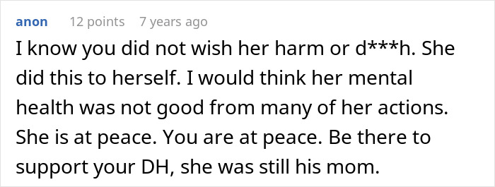 A comment assuring the user they are at peace after their Crazy MIL's passing.
