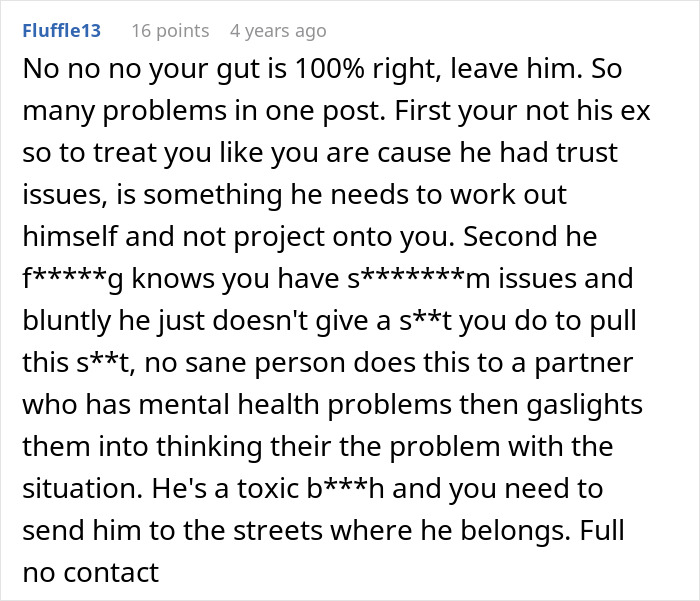 A comment telling a girlfriend to leave her boyfriend after his cruel prank and manipulative behavior. A comment telling a girlfriend to leave her boyfriend after his cruel prank and manipulative behavior.