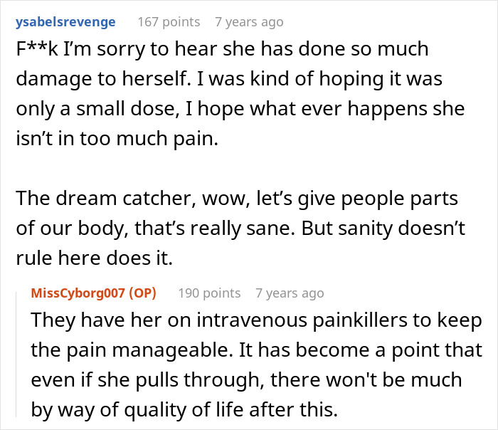 A comment section discussing a crazy MIL's potion incident, expressing concern for her pain and the severe consequences of her actions.