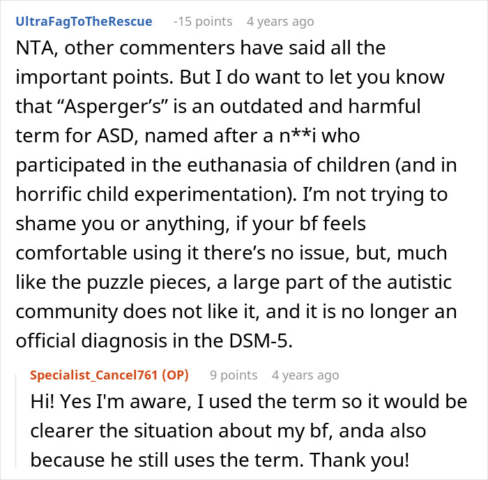 A screenshot of a Reddit comment discussing the outdated term Asperger's and its connection to the autistic community. A screenshot of a Reddit comment discussing the outdated term Asperger's and its connection to the autistic community.