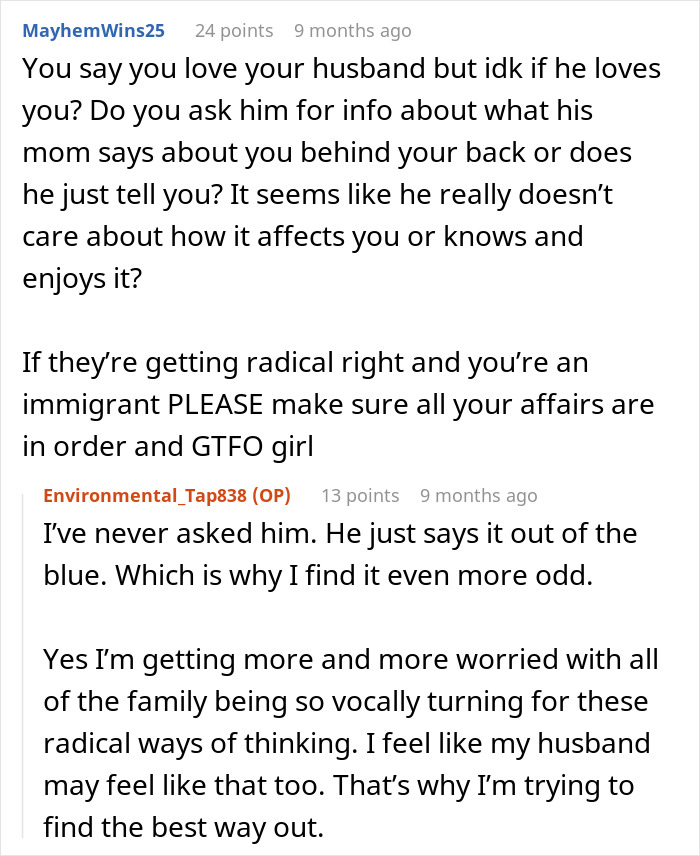 A Reddit comment questioning a husband's love and loyalty, advising a woman feeling like a third wheel to find a way out. A Reddit comment questioning a husband's love and loyalty, advising a woman feeling like a third wheel to find a way out.