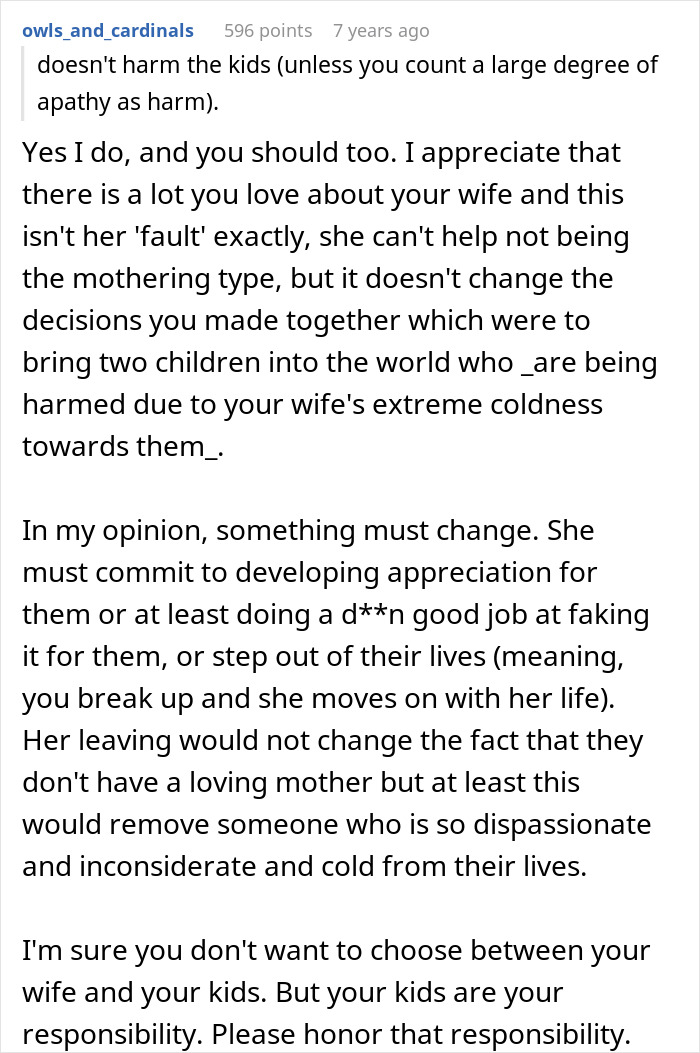 Screenshot of a lengthy Reddit comment about the harm caused to children by a mother's coldness and apathy.