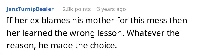 Future mother-in-law calls woman defective, and a comment suggests the ex must take responsibility.
