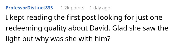 Screenshot of a comment discussing a woman breaking up with her childish BF and avoiding further misery. Screenshot of a comment discussing a woman breaking up with her childish BF and avoiding further misery.