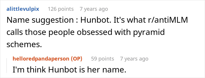 A Reddit comment section discussing a MIL who put essential oils in Thanksgiving holiday dishes, with a user suggesting the name Hunbot. A Reddit comment section discussing a MIL who put essential oils in Thanksgiving holiday dishes, with a user suggesting the name Hunbot.