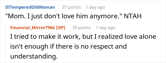 Screenshot of online comments where a woman realizes love is not enough for getting married.