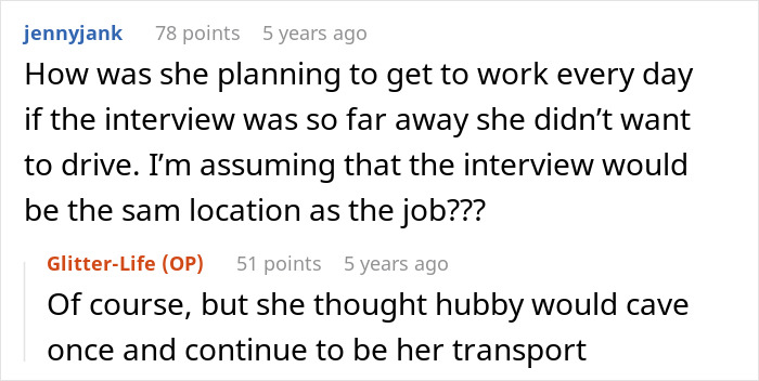 A comment asking about the pushy MIL's daily transport plans for her job and the son's reaction. A comment asking about the pushy MIL's daily transport plans for her job and the son's reaction.