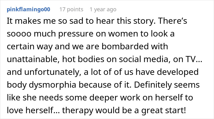 A social media comment discussing the pressure on women to achieve the perfect body and the impact of body dysmorphia.