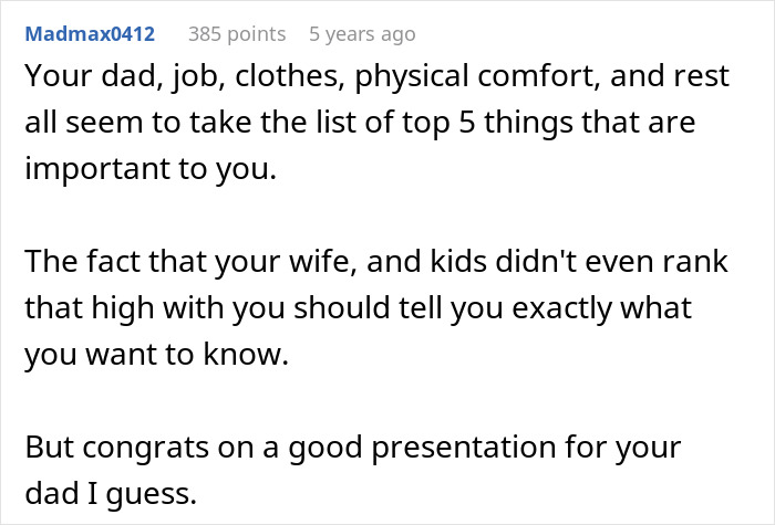 A Reddit comment highlighting a husband's misplaced priorities, neglecting his wife during labor for personal comfort. A Reddit comment highlighting a husband's misplaced priorities, neglecting his wife during labor for personal comfort.