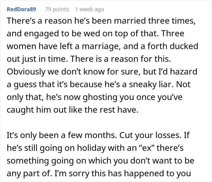 GF connects dots about BF's 10-day trip details, revealing his history of three marriages and engagement.