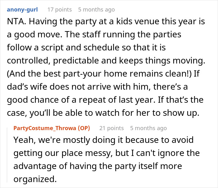 Screenshot of Reddit comments discussing how to manage a stepmom trying to hijack a kid's birthday with a K-Pop costume. Screenshot of Reddit comments discussing how to manage a stepmom trying to hijack a kid's birthday with a K-Pop costume.