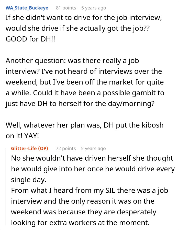 Discussion about the pushy MIL's job interview and her expectation of a four-hour ride. Discussion about the pushy MIL's job interview and her expectation of a four-hour ride.