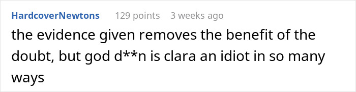 A comment describing the evidence of a best friend returning a fake sentimental designer bag, calling Clara an idiot. A comment describing the evidence of a best friend returning a fake sentimental designer bag, calling Clara an idiot.