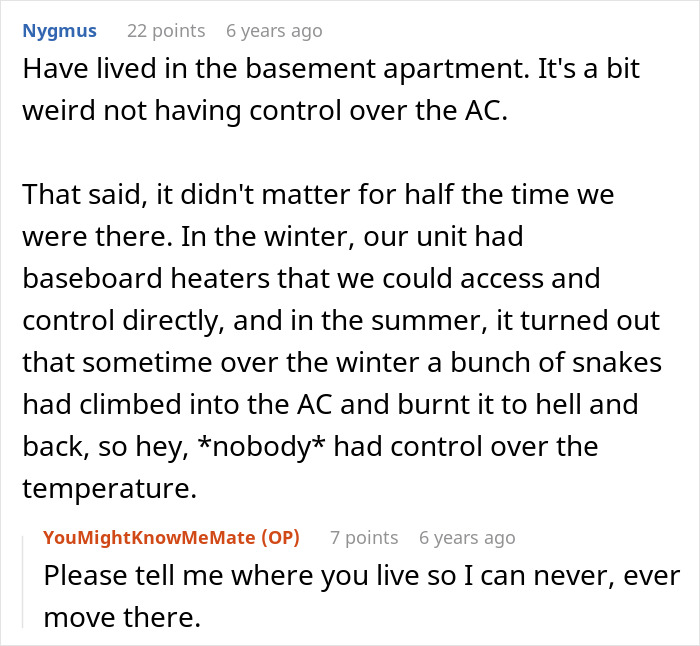 A screenshot showing comments about a nightmare neighbor, specifically a user sharing an experience with no AC control and snakes.