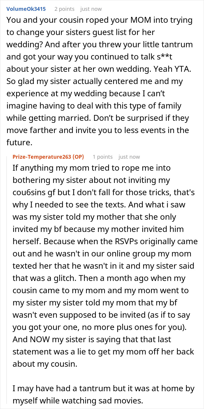 Wedding guest list drama: A long comment dissecting the wedding guest list issues and family conflict.
