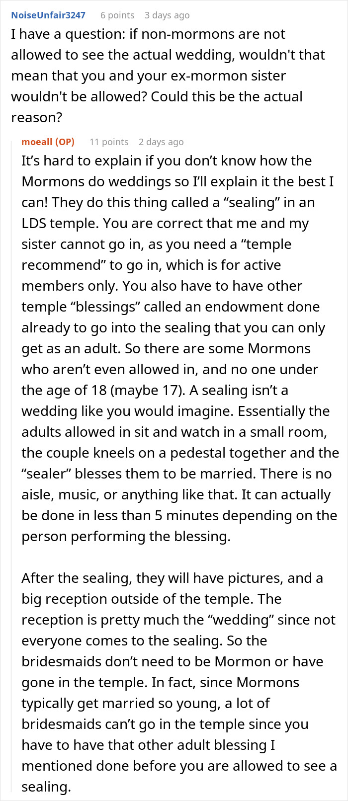 A detailed explanation about Mormon wedding sealings, temple recommends, and why a sister might not be allowed at the ceremony. A detailed explanation about Mormon wedding sealings, temple recommends, and why a sister might not be allowed at the ceremony.