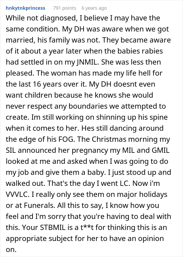A Reddit comment describing a similar situation of a woman being called defective and facing family opposition to her marriage.