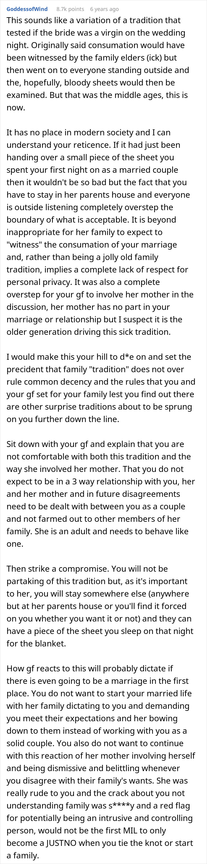 A Reddit post discussing the groom's refusal to share their wedding night bed sheet with the bride's family.