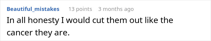 A Reddit comment from Beautiful_mistakes about cutting off a MIL who turned pregnancy into a competition and showed no sympathy for a DIL miscarriage. A Reddit comment from Beautiful_mistakes about cutting off a MIL who turned pregnancy into a competition and showed no sympathy for a DIL miscarriage.