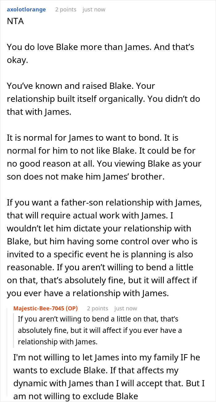 A screenshot of a Reddit comment giving advice about the dad's relationship with his sons, Blake and James, and their adoption. A screenshot of a Reddit comment giving advice about the dad's relationship with his sons, Blake and James, and their adoption.